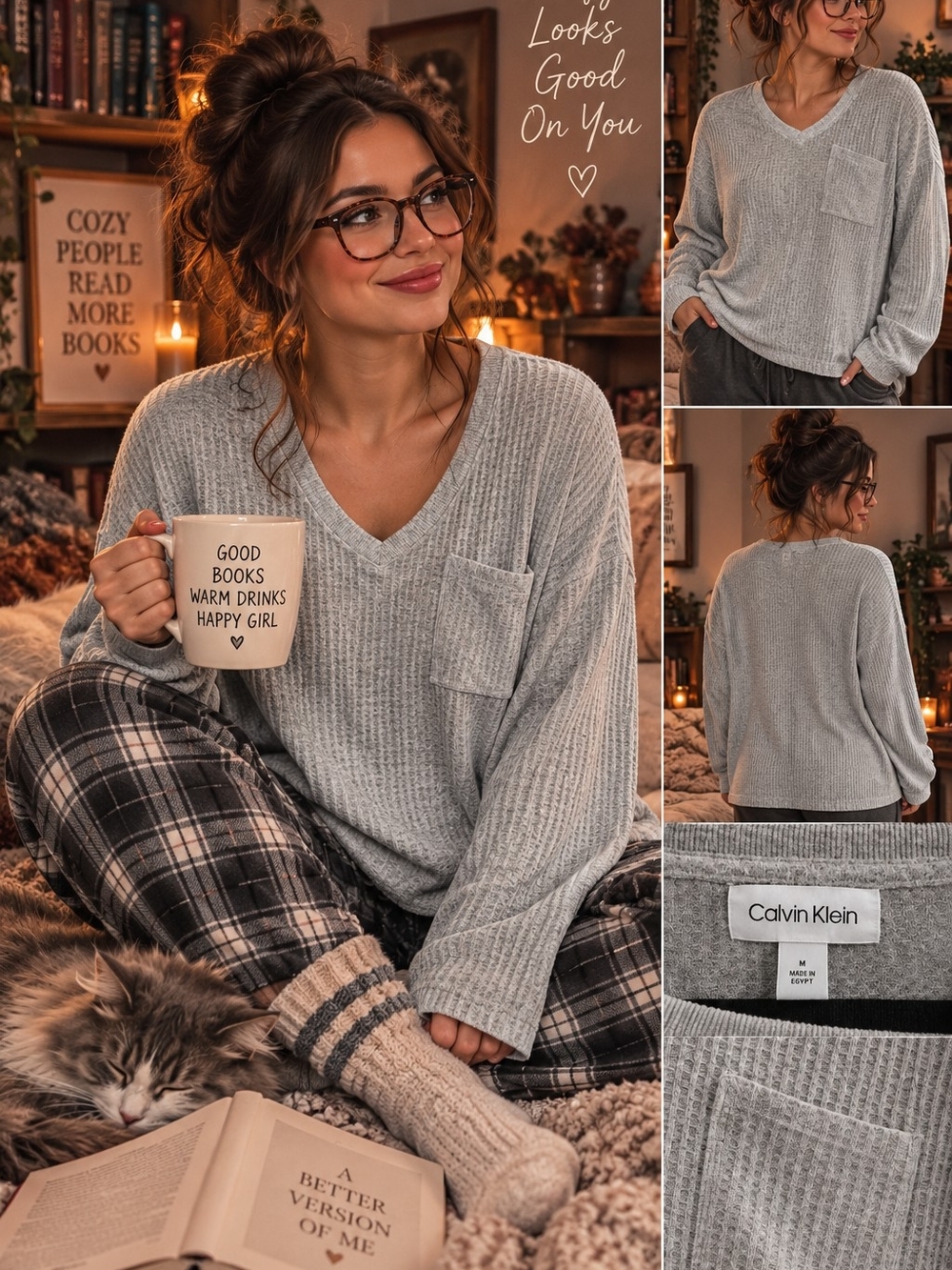Calvin Klein Women's Light Gray V-Neck Cozy Pullover Sweater